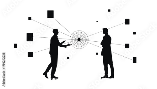 Colleagues discuss data points represented by floating square icons linked to a central network hub.