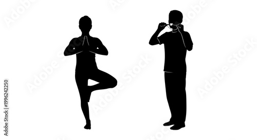 Yoga and daily routine icon set black silhouette, white background, vector Illustration