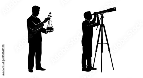 Scientist and astronomer icon set, black silhouette research figures, white background, vector Illustration