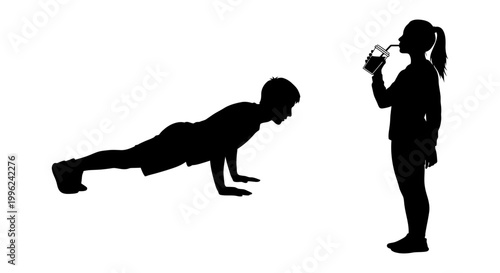 Fitness training icon set with push up and drinking water silhouettes, white background, vector Illustration