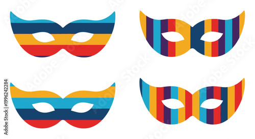Carnival mask icon set with colorful stripes, flat vector illustration, white background