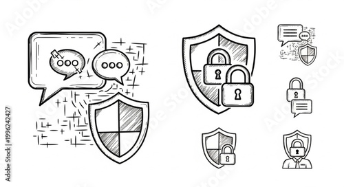 Cybersecurity concept with shields and locks icons.