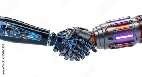 Macro shot of sleek black titanium and brushed steel cyborg arms in a firm handshake, glowing blue and purple neon reflections on a transparent studio background, concept of technological