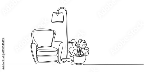Continuous one line drawing of modern armchair tripod floor lamp and potted banana leaf plant home interior decoration