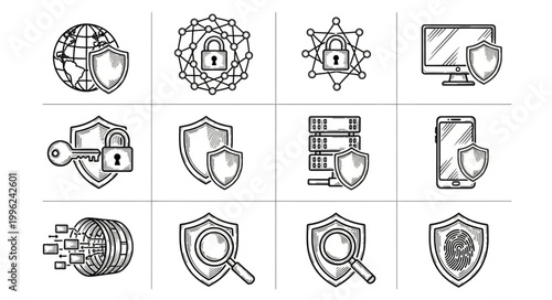 Cybersecurity Icons Representing Data Protection and Digital Safety.