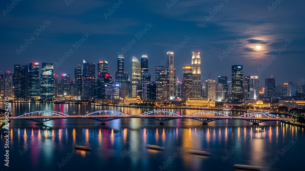 Obraz premium City skyline at night with bridge.