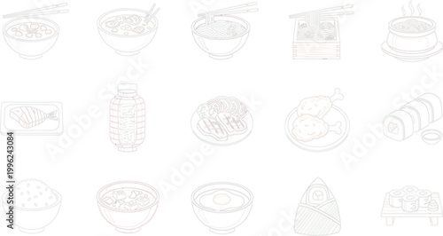 Japanese Traditional Food Icon Set with Ramen, Sushi, Onigiri, Miso Soup, and Noodles for Restaurant and Menu Designs