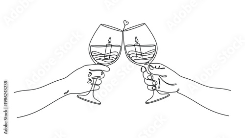 Two hands clinking wine glasses together.
