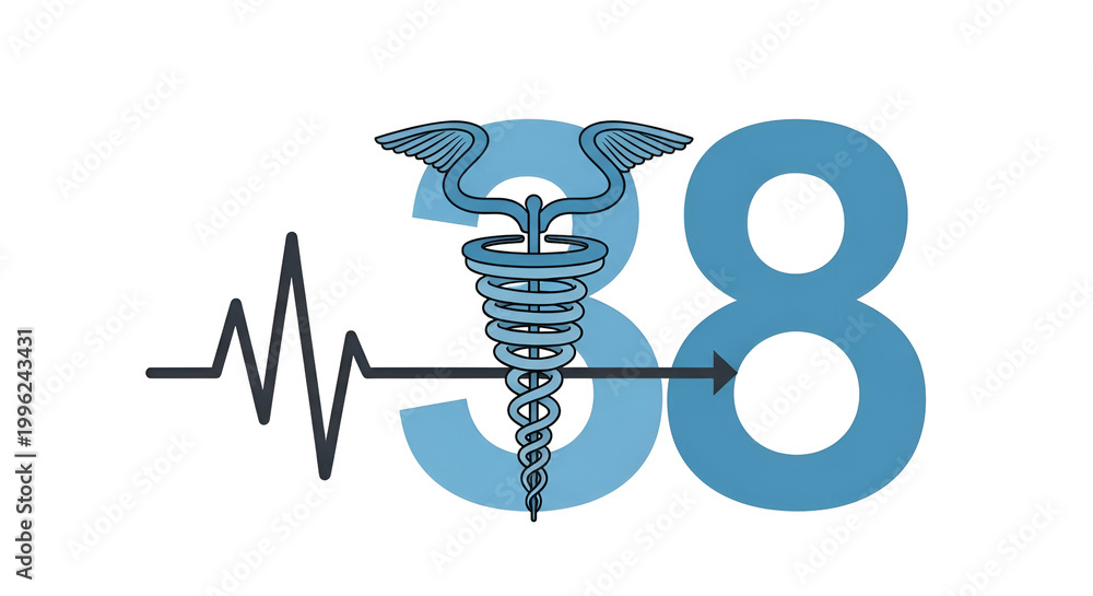 Naklejka premium Medical symbol combined with number 38 and heartbeat line for healthcare graphic in blue on black background