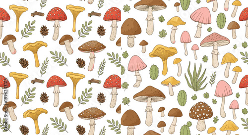 Seamless Mushroom Pattern Vector with Forest Fungi Toadstools Leaves and Botanical Nature Background Illustration Design
