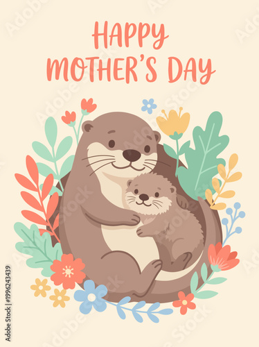 This charming illustration depicts a mother otter with her pup surrounded by vibrant flowers, symbolizing love, family bonds, and joy of Mother's Day celebrations.