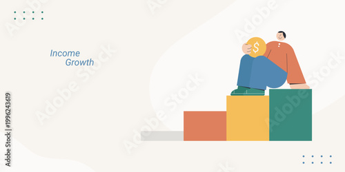 Flat design illustration of a character sitting on top of a growing bar chart while holding a gold dollar coin, symbolizing income growth and financial success, ideal for business and investment