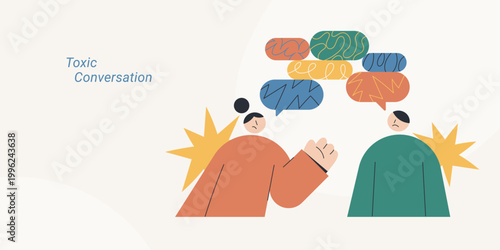 Flat design illustration of two angry characters in a toxic conversation, surrounded by chaotic colorful speech bubbles with tangled lines, ideal for conflict, communication, and mental health 