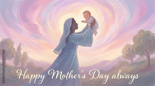 Stylized animation of mother raising baby with gentle motion in a glowing dreamy sky