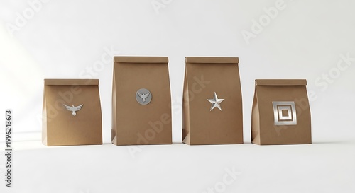 Four brown paper bags with metallic logos on white background