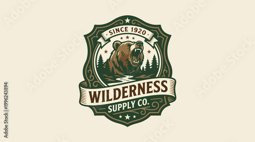 A retro-inspired logo for Wilderness Supply Co. featuring a fierce bear alongside scenic backdrop elements, blending adventure and outdoor exploration with a nod to nostalgia.