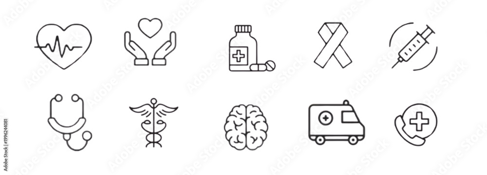 Fototapeta premium Healthcare Outline Icons – Medical and Hospital Vector Collection