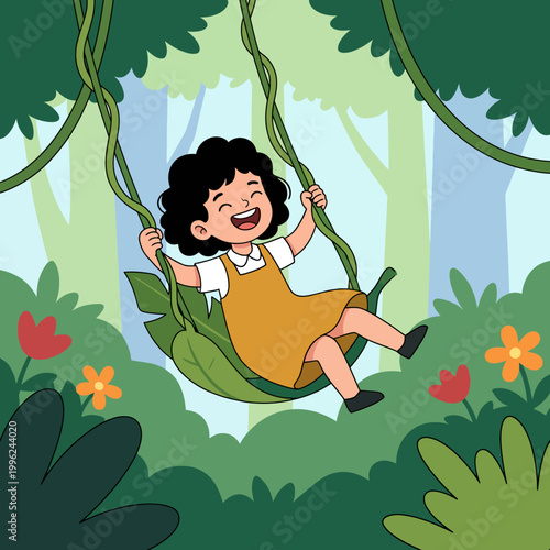 A cheerful young girl swings joyfully on a leaf swing in a vibrant green forest setting, embodying playfulness and the joy of childhood among nature.