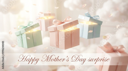 Minimal animation of gift boxes drifting and opening with soft light for mothers day