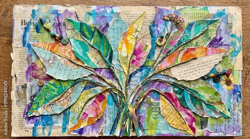 Vibrant botanical mixed media collage featuring colorful stylized leaves crafted from repurposed paper with intricate textures and painted details, an abstract artistic expression