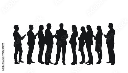 Businessmen and businesswomen stand together in a professional silhouette lineup against white background.