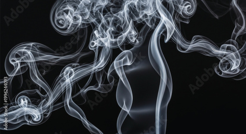 Swirling smoke tendrils dance against a dark background with glowing blue and purple hues