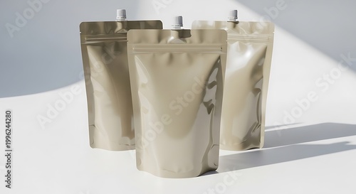 Three Beige Spouted Pouches with Sunlight Shadows flexible packaging