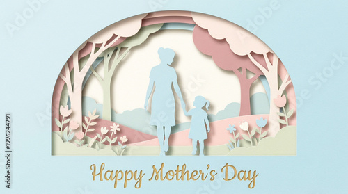 Layered paper cut animation of mother and child with pastel shadows