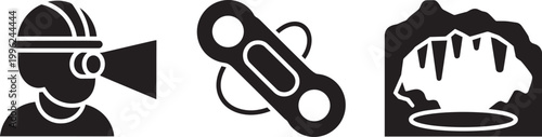 Spelunking icons set for cave explorer with headlamp climbing gear and stalactites vector graphics