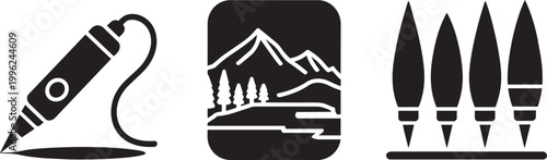 Creative tools icons set with drawing pen mountain landscape and paint brushes with drawing instrument