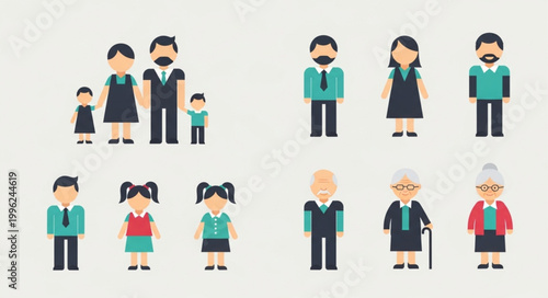 Diverse group of stylized people representing different ages and family units.
