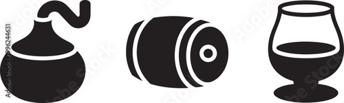 Distillery process icons set with barrel still and snifter glass simple outline vector illustration