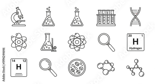 Collection of scientific laboratory equipment and symbols.