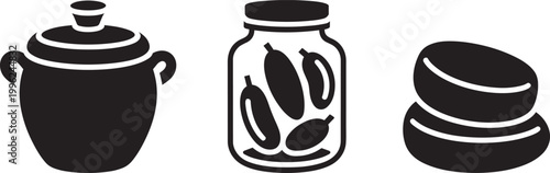 Minimalist cooking icons set with lidded pot a jar of pickled gherkins and stacked bowls vector