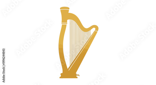 Golden harp illustration with elegant curves and a dark silhouette