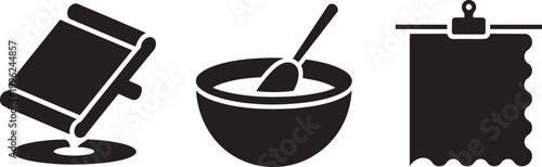 Mortar and pestle bowl with spoon clipboard icons set and note taking elements for paper and clip art