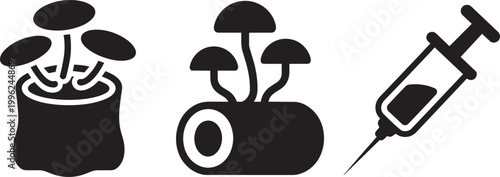 Mushroom cultivation methods and medical syringe icons set simple line vector graphics on white