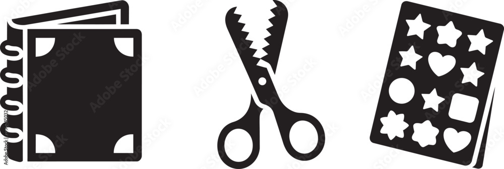 © MC Creative - Scrapbooking icons set with a photo album zig zag scissors and sticker sheet flat vector illustration