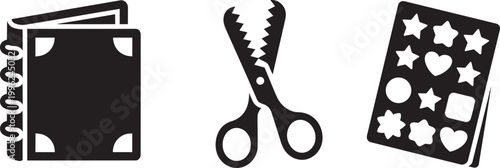 Scrapbooking icons set with a photo album zig zag scissors and sticker sheet flat vector illustration