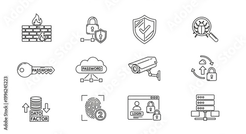 Cybersecurity Icons Representing Digital Security Concepts.