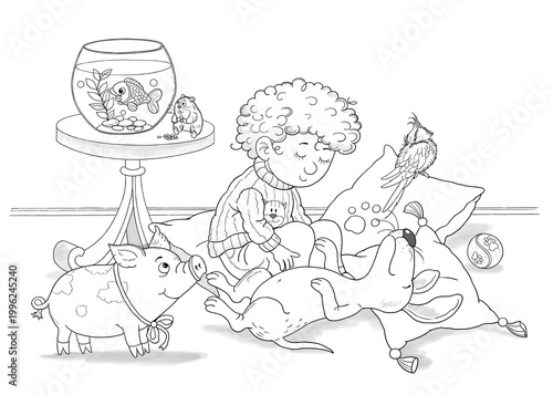 Favorite pets. A cute boy playing with his favorite pets. Illustration for children. Coloring page. Cute and funny cartoon characters