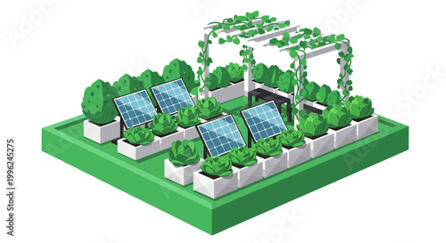 Isometric solar panels in a green eco friendly garden