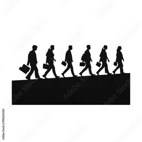 Businessmen and businesswomen carrying briefcases walk in a line up an incline to represent the daily routine and hard work required to maintain productivity in a professional landscape.