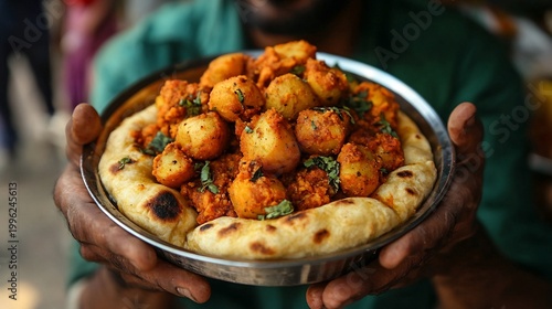 Delicious stuffed kulcha naan with spicy potato filling, served on a metal tray, vibrant Indian cuisine