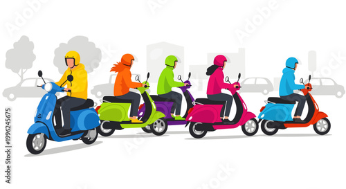 Colorful scooter riders in rain gear driving together
