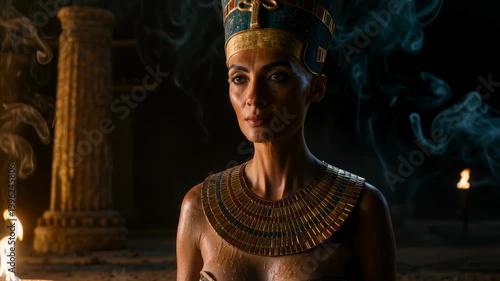Nefertiti, ancient Egyptian queen, wearing iconic blue and gold flat-top crown, broad jeweled collar necklace, dramatic torchlight and smoke in dark temple interior.