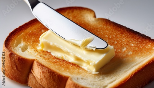 close up of butter being spread on toast using a white knife with a clear background