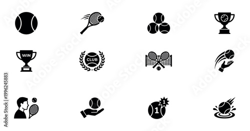 Tennis Sport Icon Set. Balls, Rackets, Trophies, Players. Vector Illustration.	
