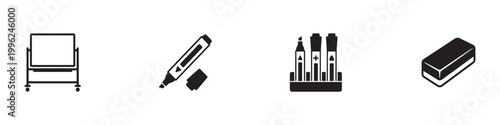 Whiteboard and Writing Supplies Icon Set. Flipchart, Markers and Eraser. Vector Illustration.