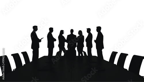 Executives stand around a boardroom table to discuss important corporate strategies during a meeting.